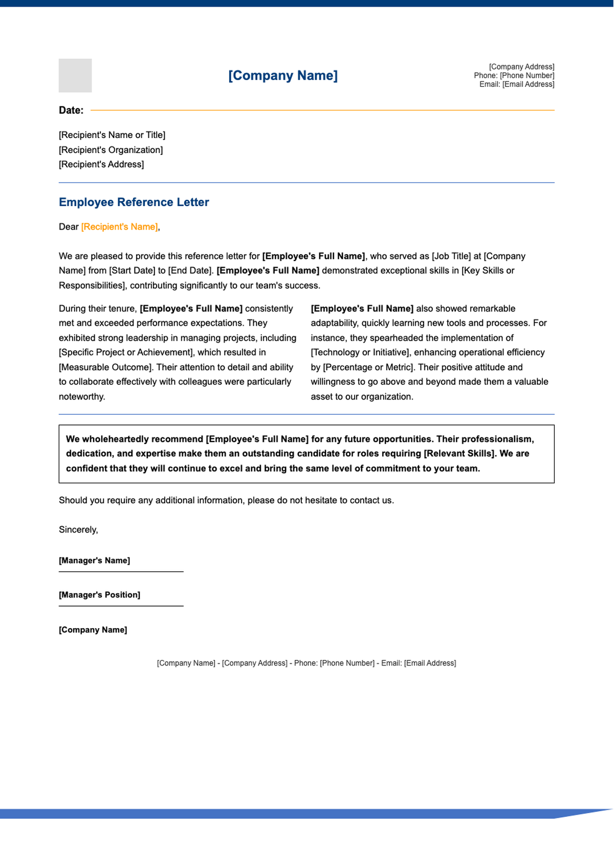 Professional recommendation letter template with branded header and annotated sections_variant_2